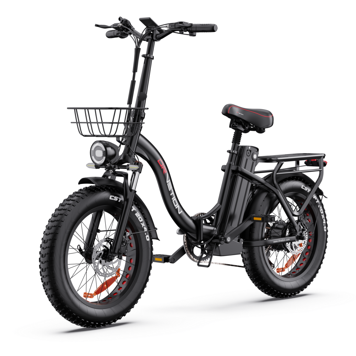 Czarny rower elektryczny z grubymi oponami, koszem z przodu i bagażnikiem.