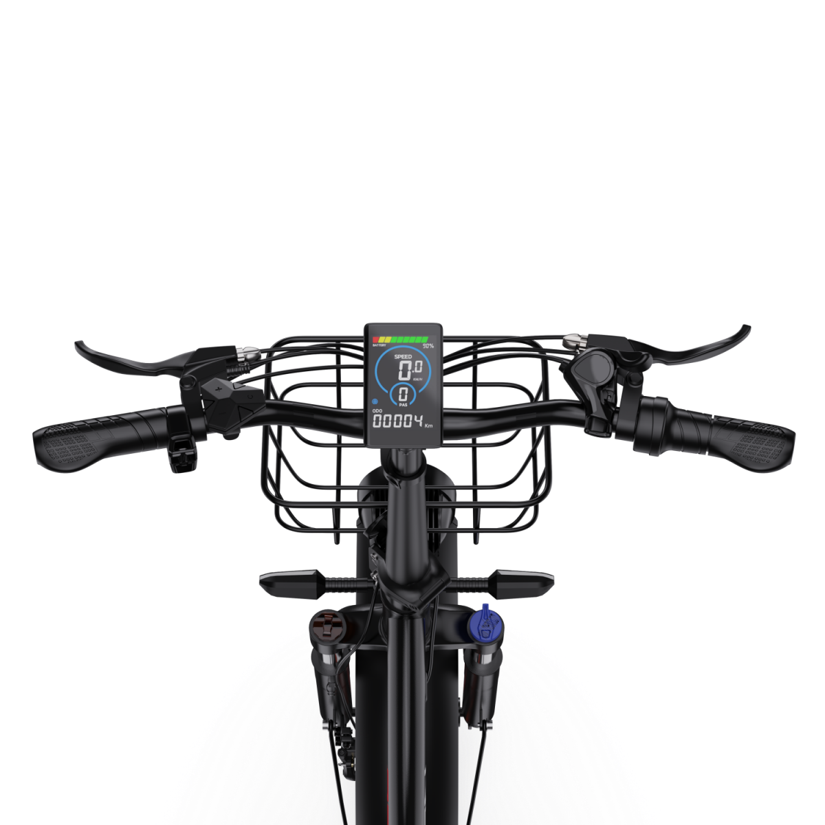 Kierownica czarnego roweru elektrycznego z wyświetlaczem, koszykiem i hamulcami.