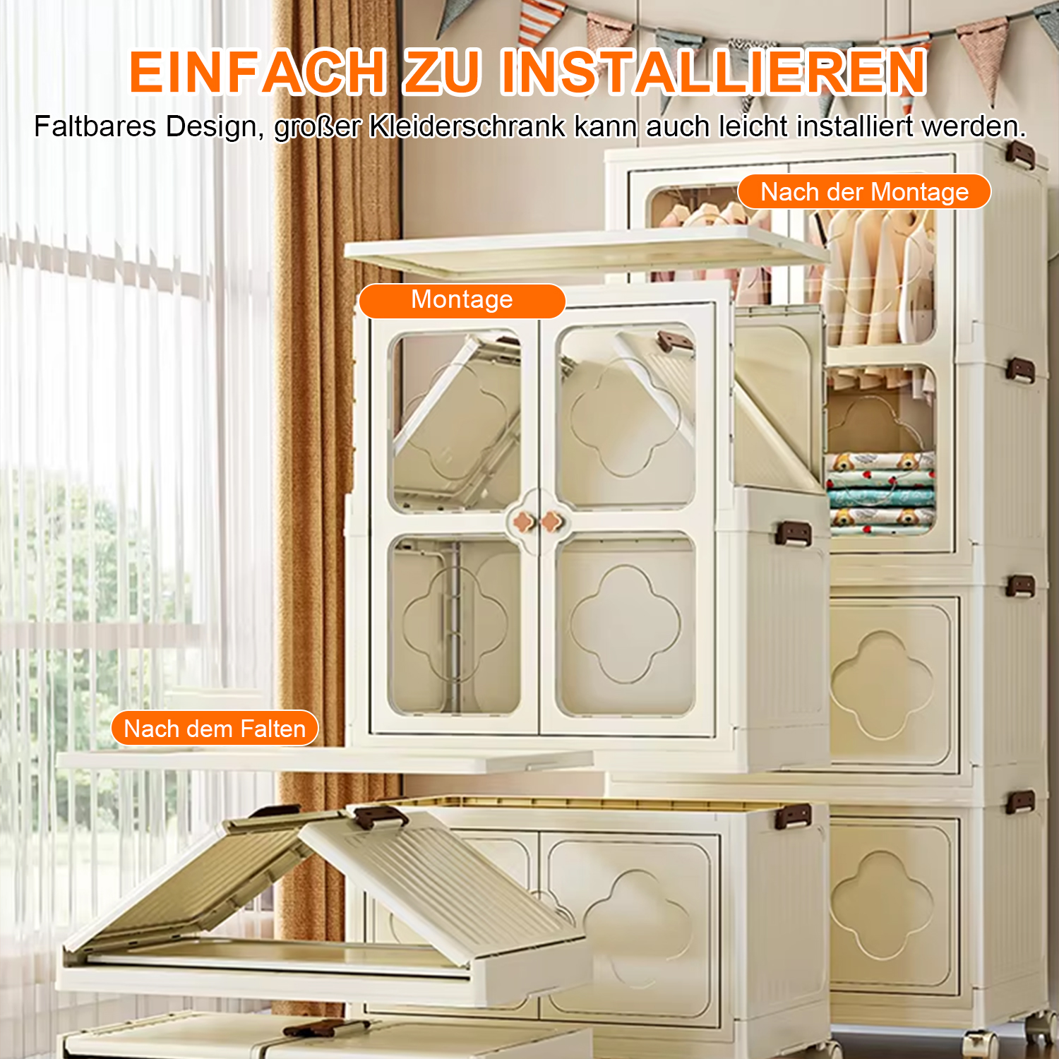 Ein beigefarbener, faltbarer Kleiderschrank mit offenen Türen und Kleidung.