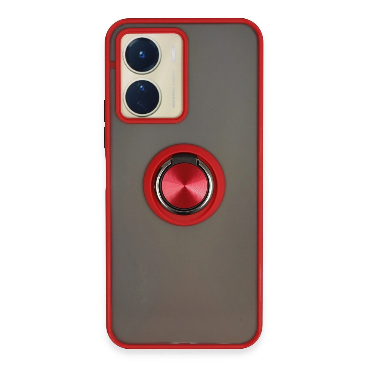 Kırmızı çerçeveli gri telefon kılıfı, çift kamera ve halka tutucu.