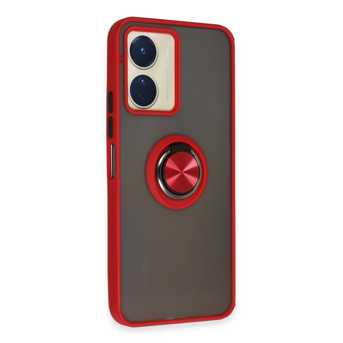 Kırmızı kenarlı ve halka tutuculu gri telefon kılıfı. Üstte iki kamera.