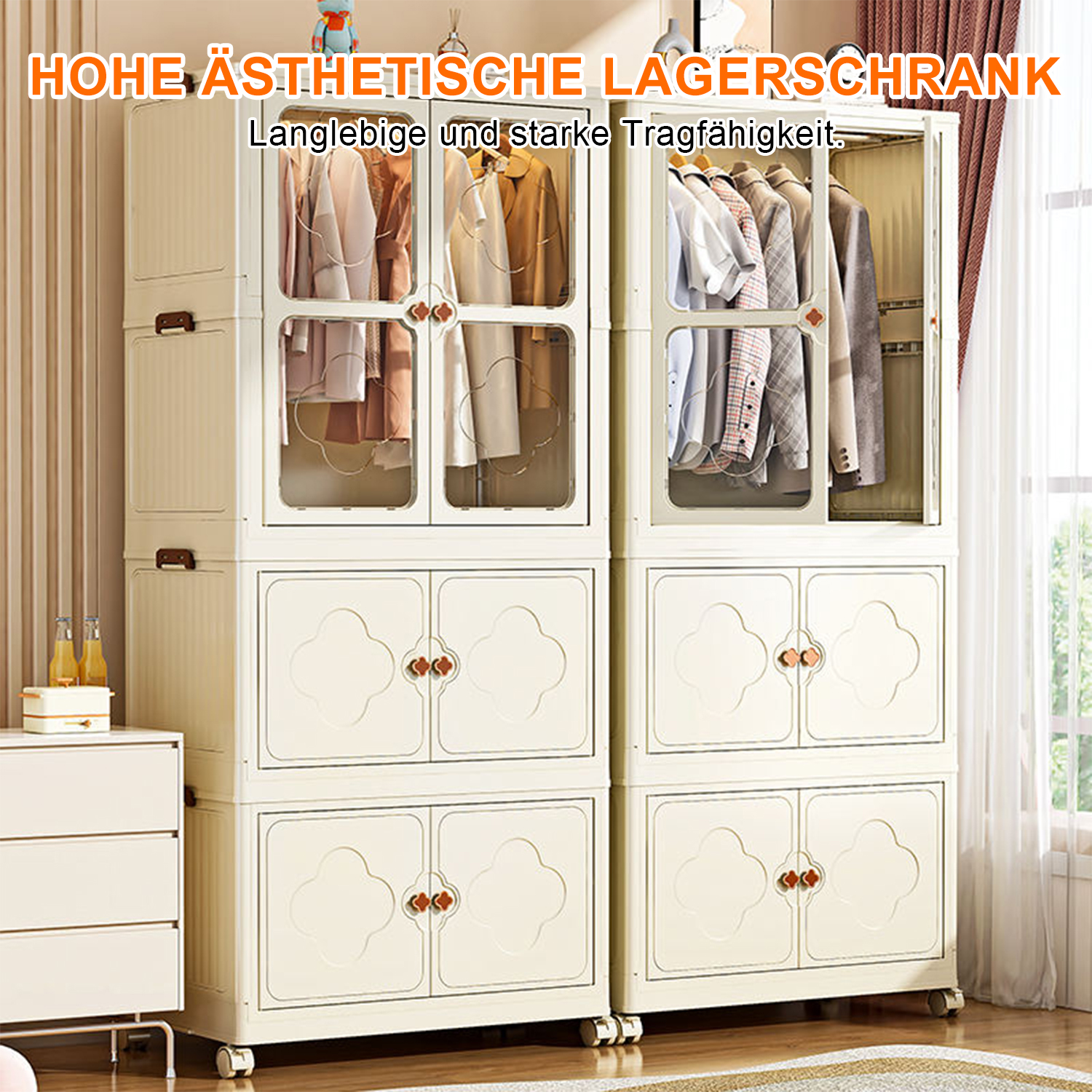 Ein cremefarbener Kleiderschrank mit mehreren Fächern, gefüllt mit Kleidung.