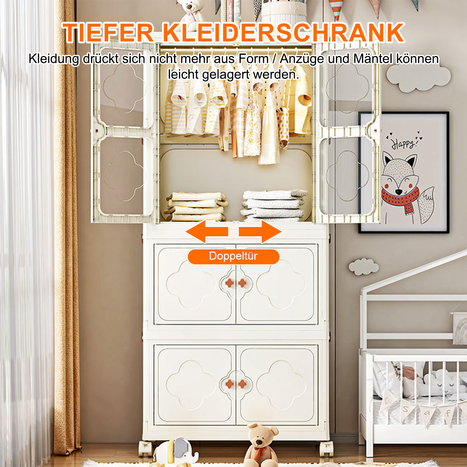 Ein weißer Kleiderschrank mit hängender Kleidung, gefalteten Handtüchern und Spielzeug.