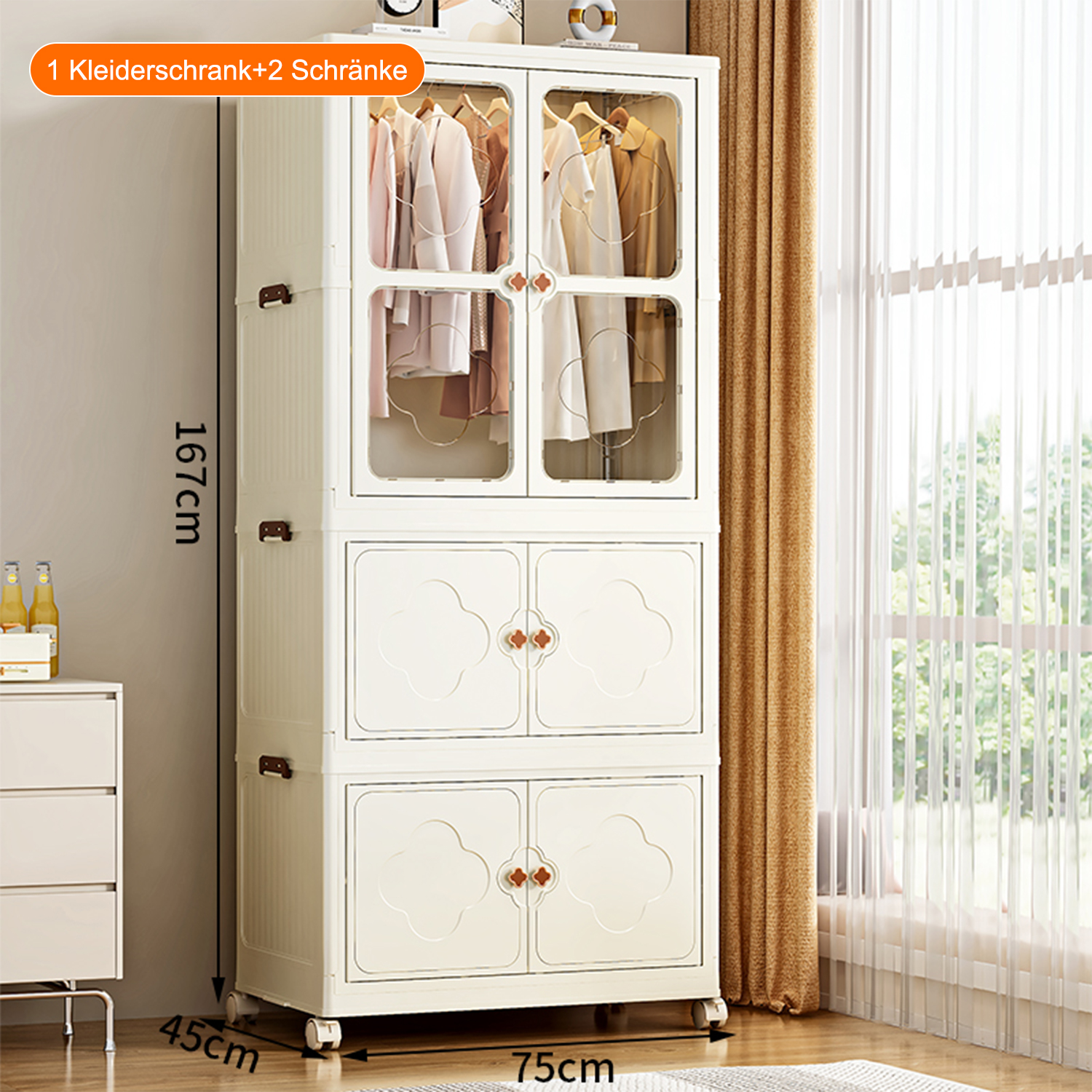 Ein weißer Kleiderschrank mit 4 Türen und Kleiderstangen. Maße: 167x75x45cm.