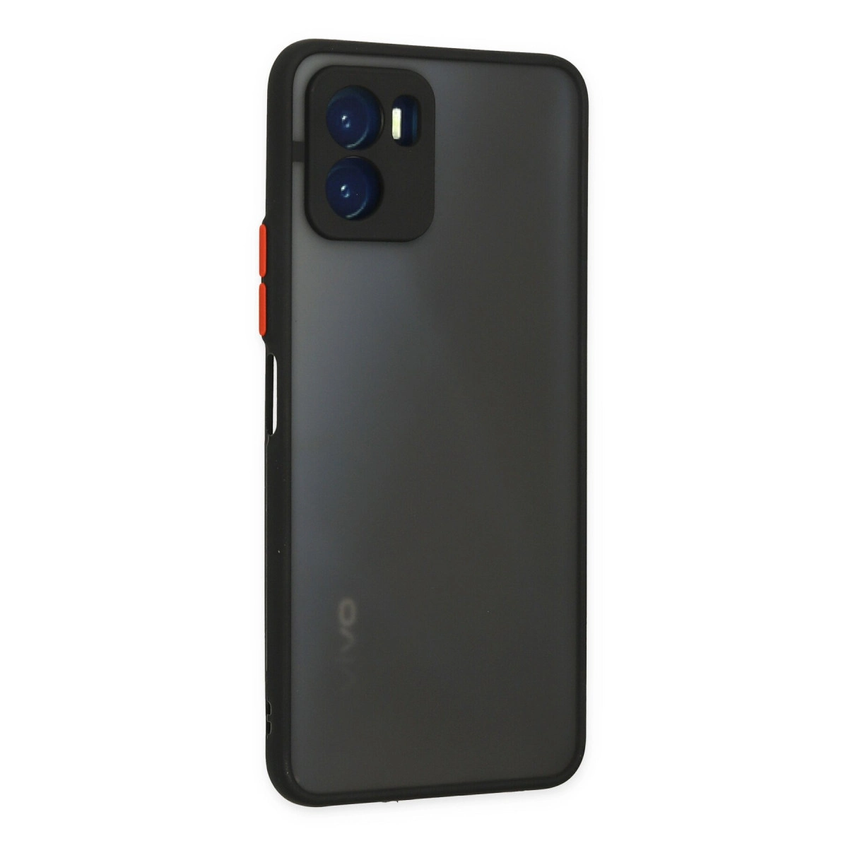 İki kameralı ve kırmızı düğmeli siyah telefon, arkasında VIVO logosu.