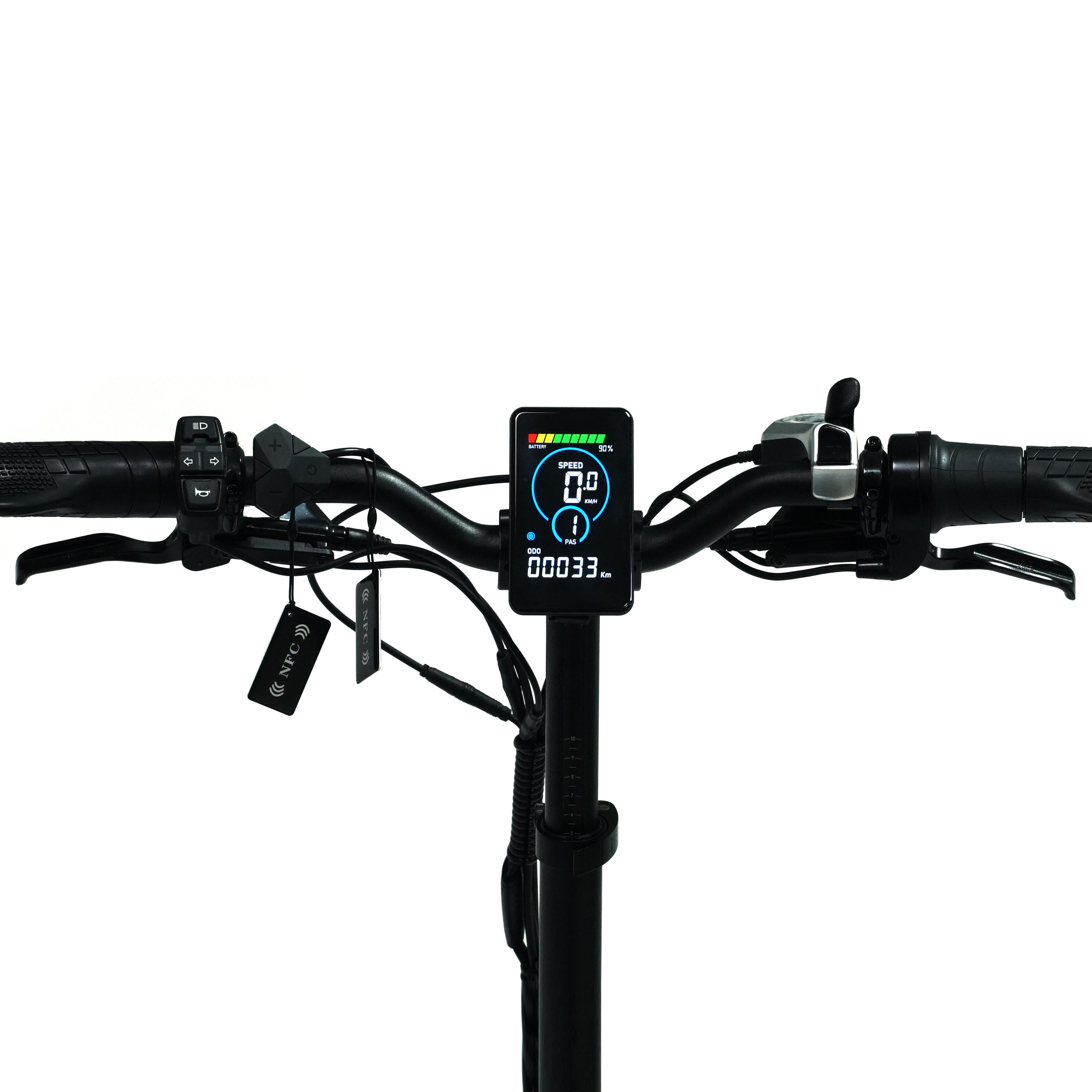 Kierownica hulajnogi z wyświetlaczem, przyciskami i tagiem NFC.