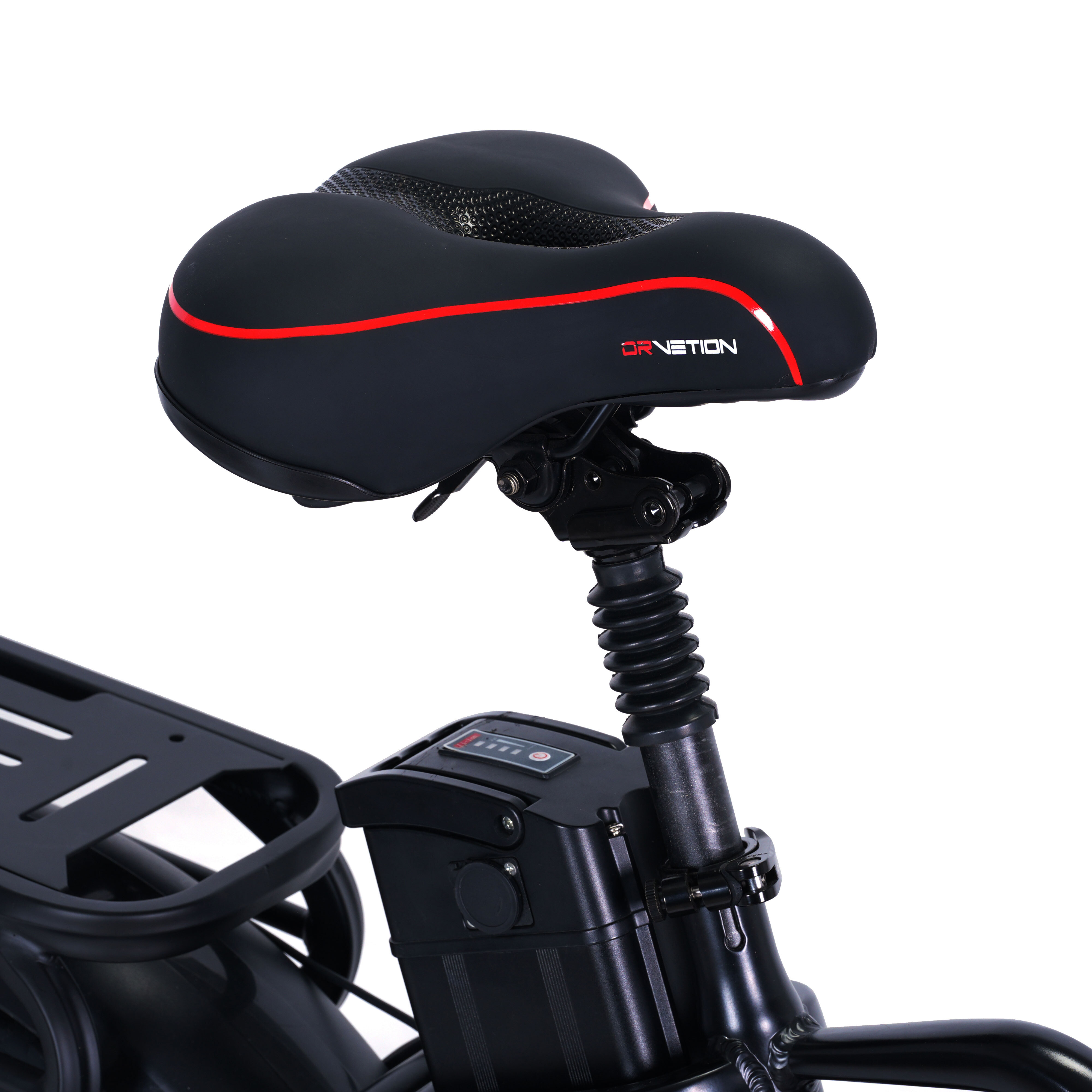 Czarny fotel rowerowy z czerwonymi paskami, amortyzatorem i akumulatorem.