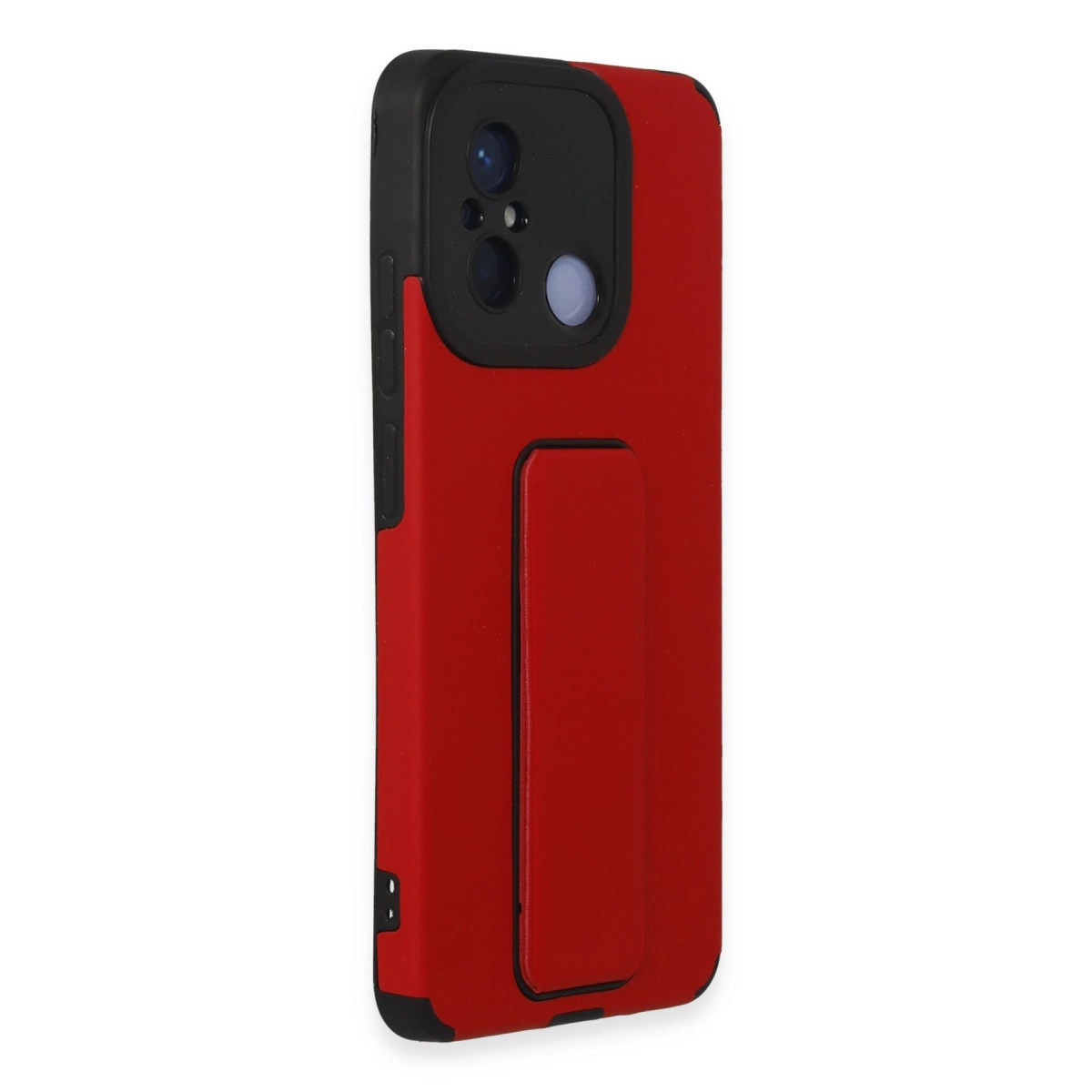 Entegre stantlı, siyah kamera yuvalı kırmızı telefon kılıfı.