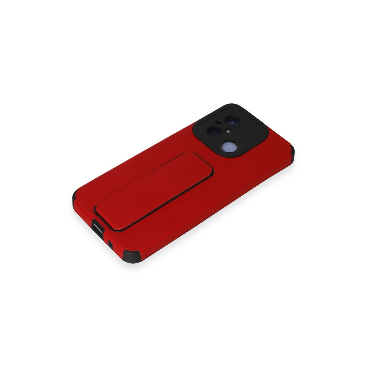 Entegre stantlı, siyah kamera modüllü kırmızı telefon kılıfı.