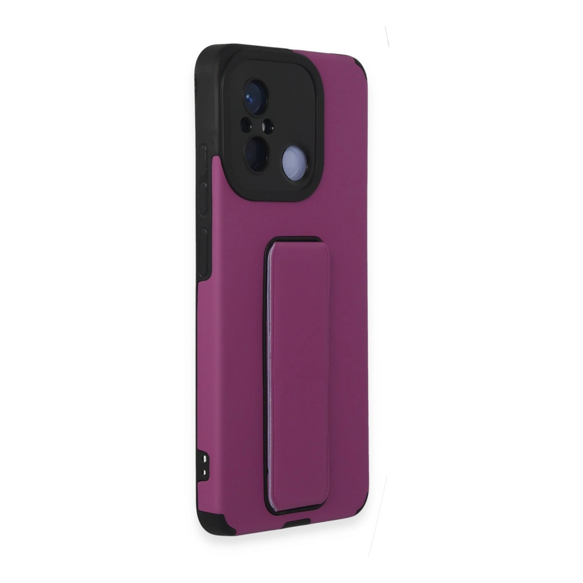 Entegre stantlı, siyah kamera çerçeveli mor telefon kılıfı.