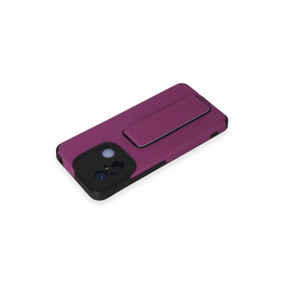 Entegre stantlı ve siyah kamera çerçeveli mor telefon kılıfı.