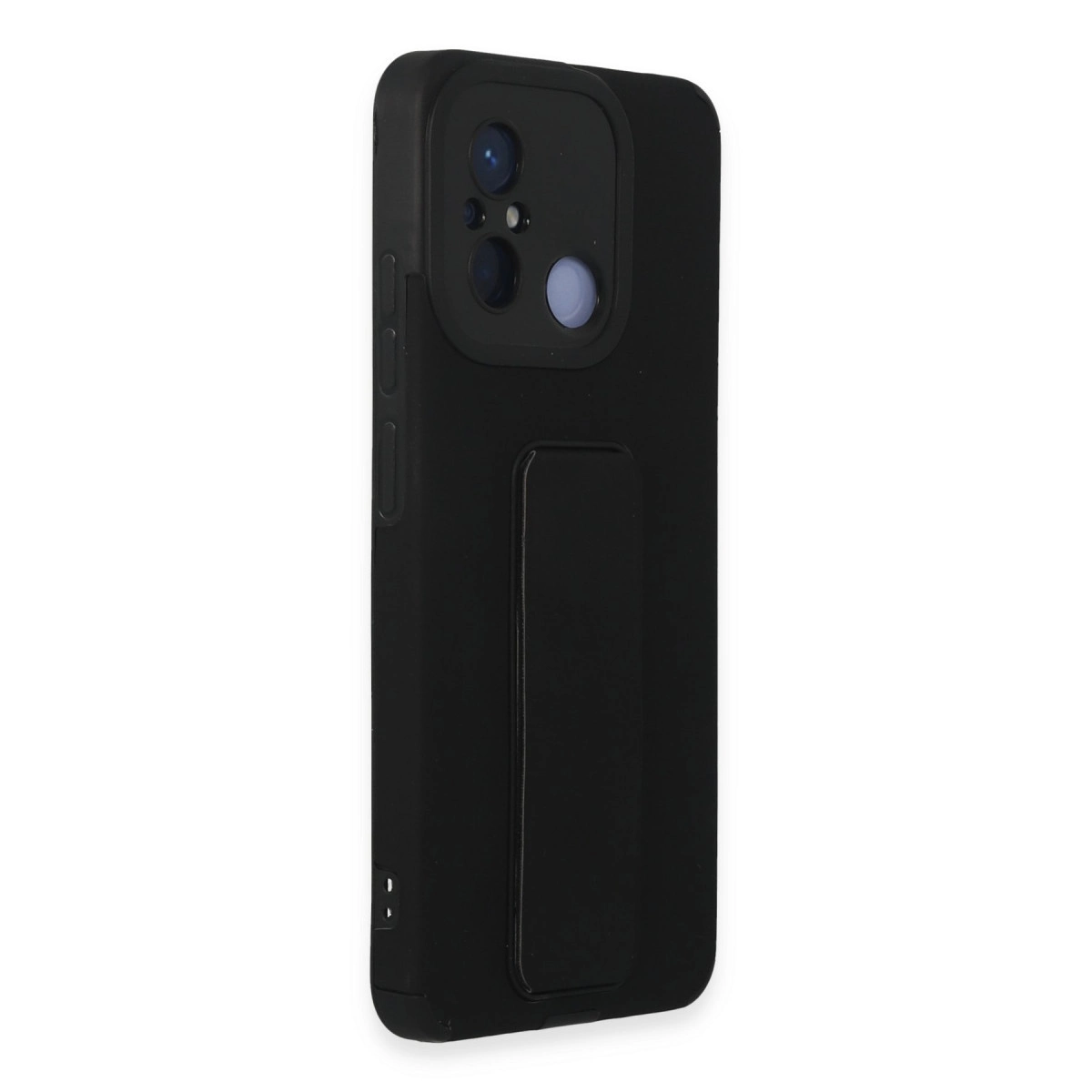 Entegre stantlı ve kamera modüllü siyah telefon kılıfı.
