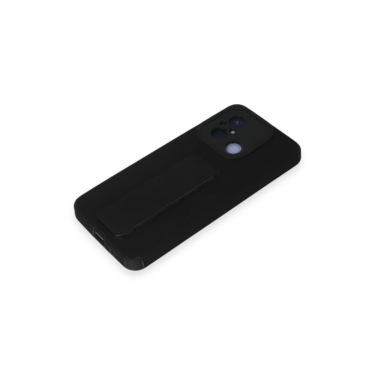 Katlanabilir stantlı ve kamera kesimli siyah telefon kılıfı.