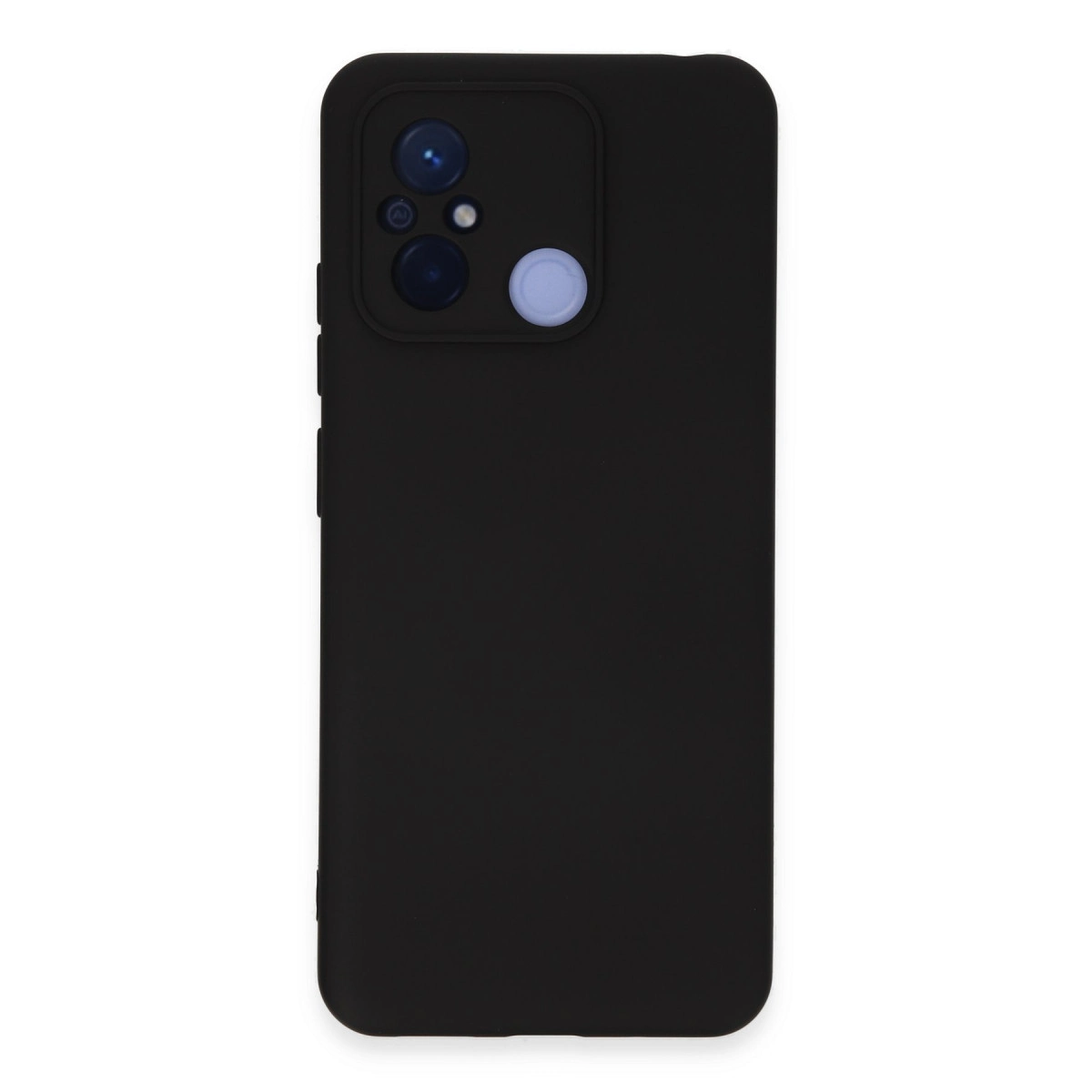 Tek açık mavi düğmeli, dikdörtgen kamera modüllü siyah telefon kılıfı.