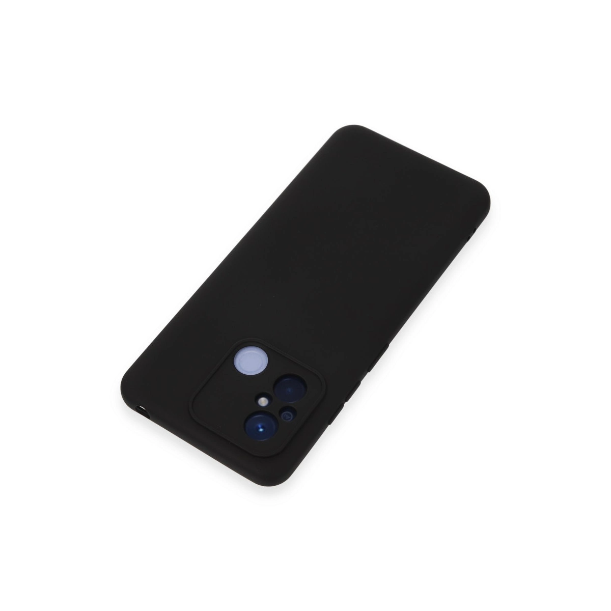 Kameralı siyah telefon kılıfı, beyaz zeminde yatar.
