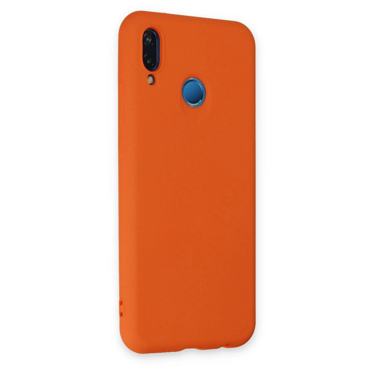 Kameralı ve mavi parmak izi sensörlü turuncu telefon kılıfı.