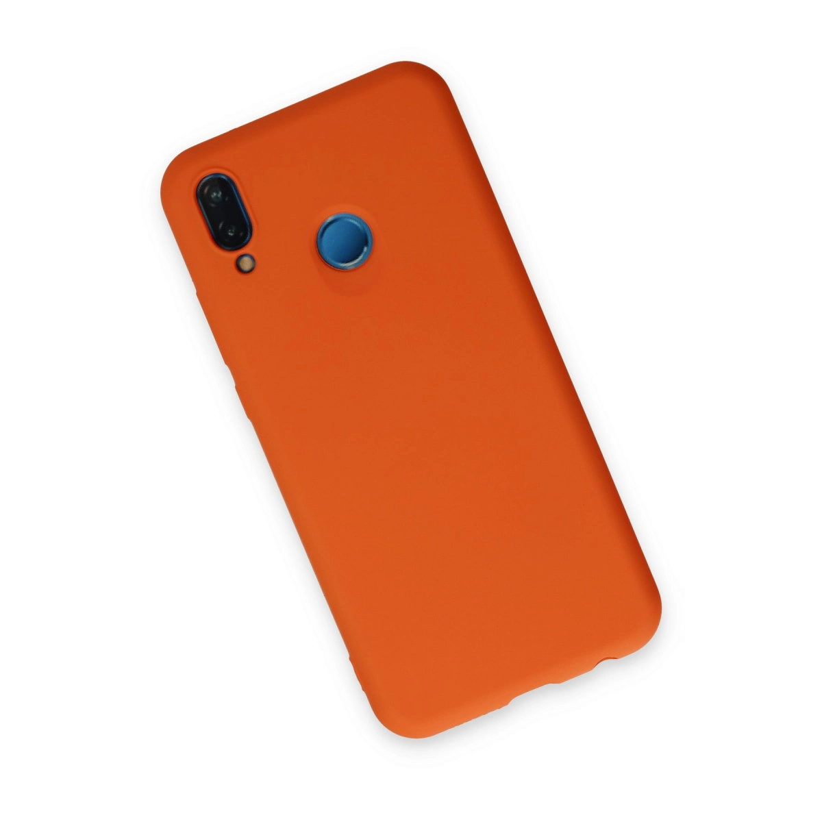 Mavi parmak izi okuyucu ve kamera lensli turuncu telefon kılıfı.