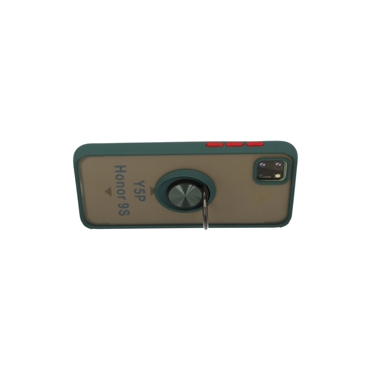 Yeşil kenarlı, halka tutuculu ve kamera modüllü bir akıllı telefon.