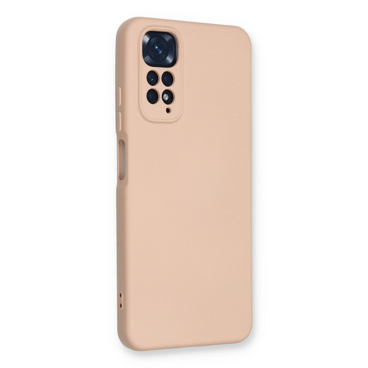 Arkada kamera modülü olan şeftali rengi telefon kılıfı.