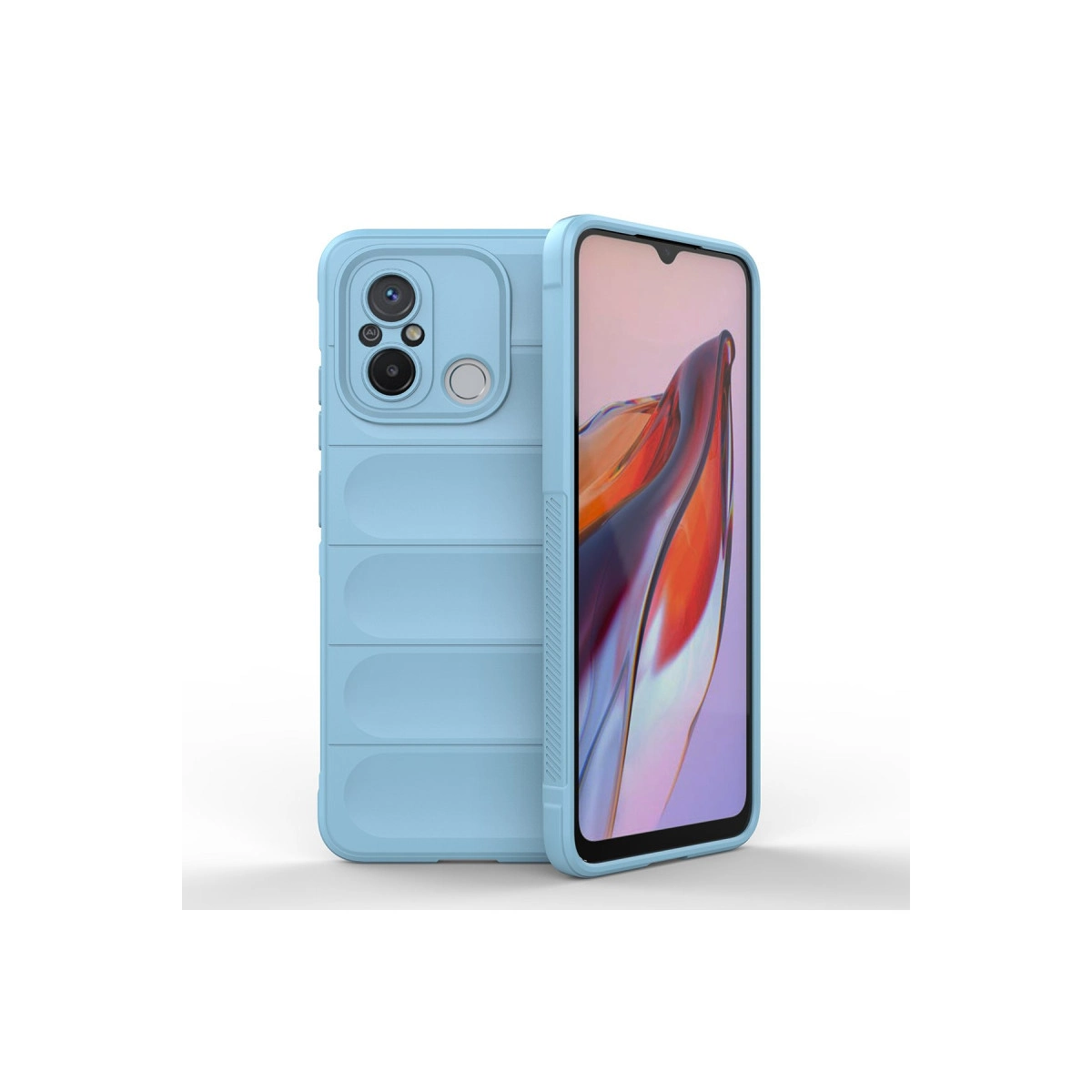 Arkada yatay çıkıntılara ve kamera çıkıntısına sahip açık mavi telefon kılıfı.