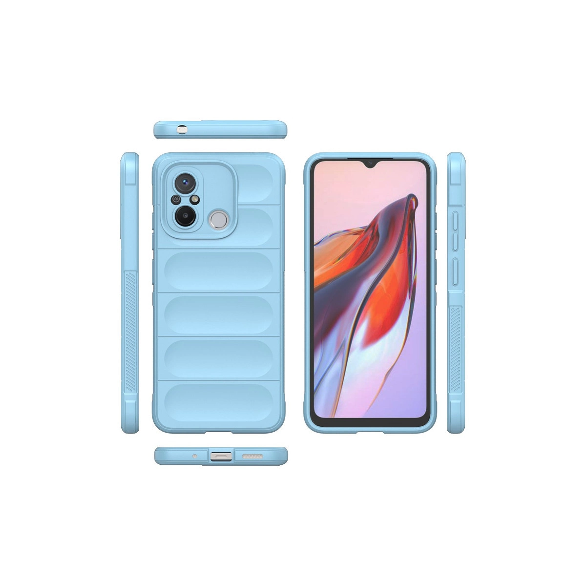 Açık mavi telefon kılıfı, akıllı telefonla birlikte çeşitli görünümler.