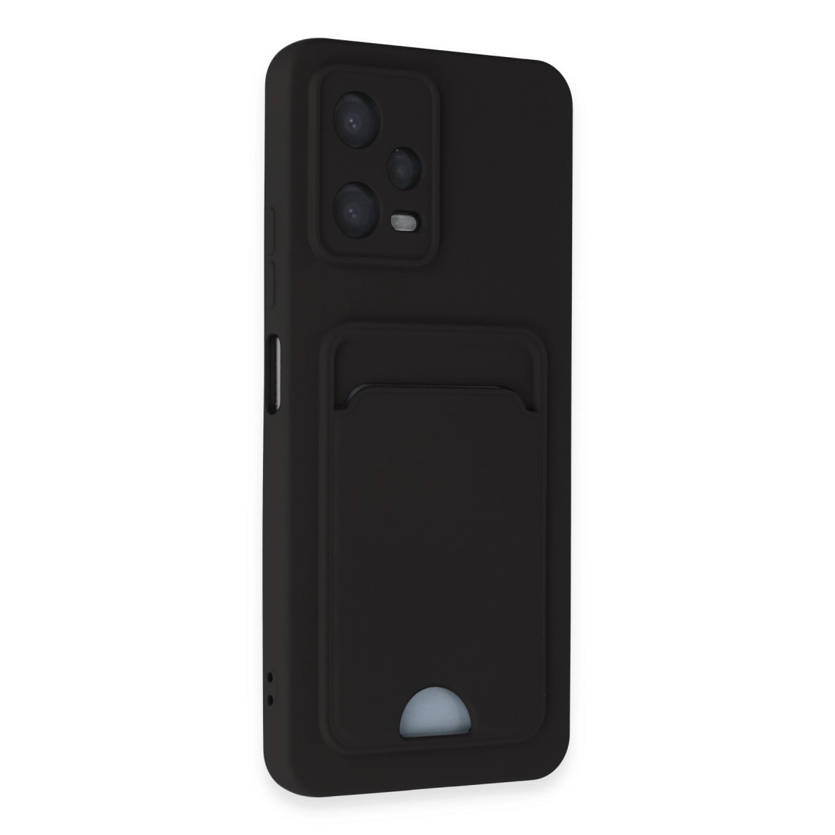 Kart yuvalı ve kamera kesimli siyah telefon kılıfı.