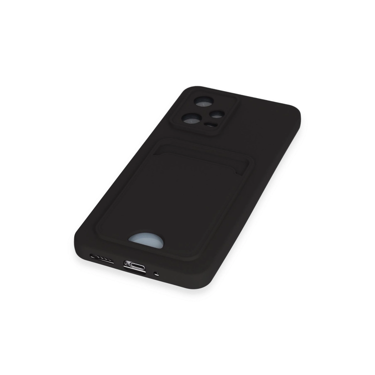 Kart yuvalı ve kamera kesimli siyah telefon kılıfı.