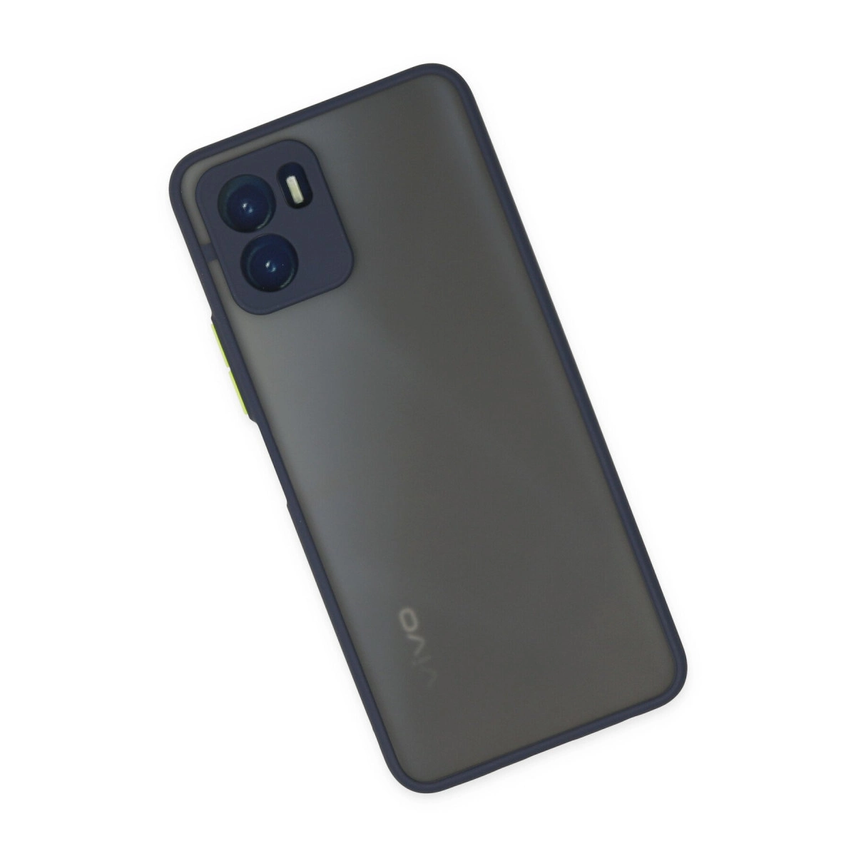Çift kameralı ve flaşlı koyu gri akıllı telefon, arkasında VIVO logosu.