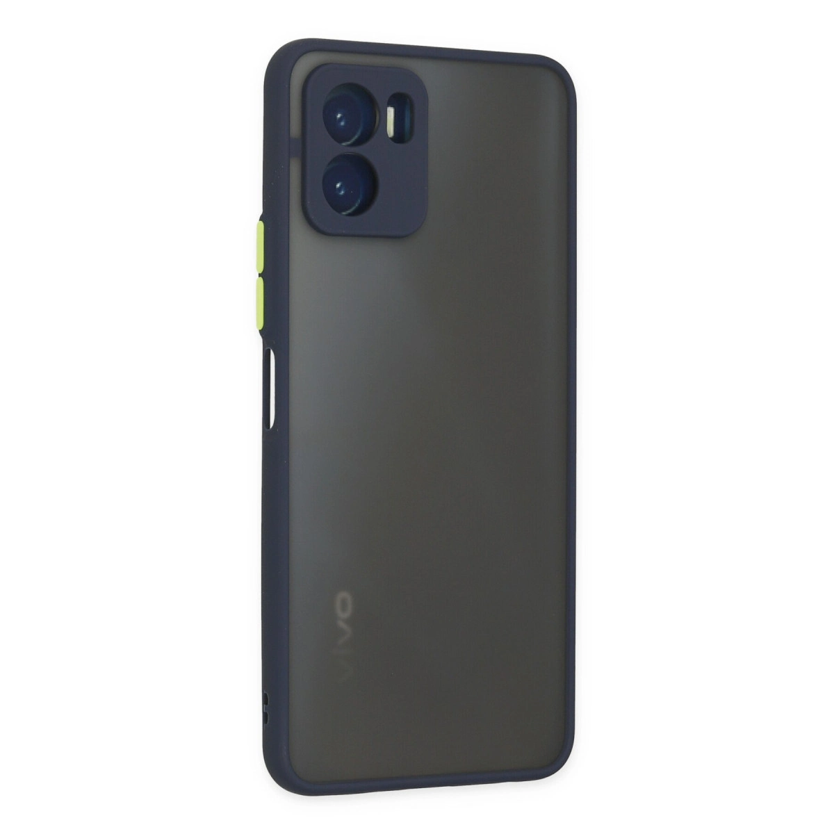 Koyu mavi çerçeveli, koyu gri telefon kılıfı ve görünür VIVO logosu.