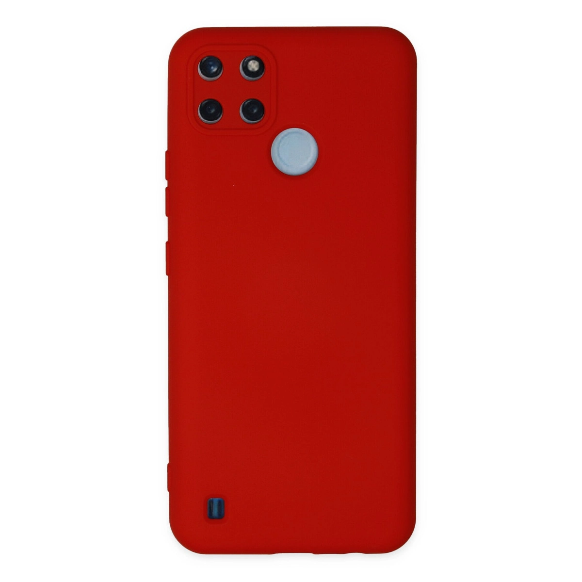 Dört kameralı kırmızı telefon kılıfı, beyaz arka planda açık mavi daire.