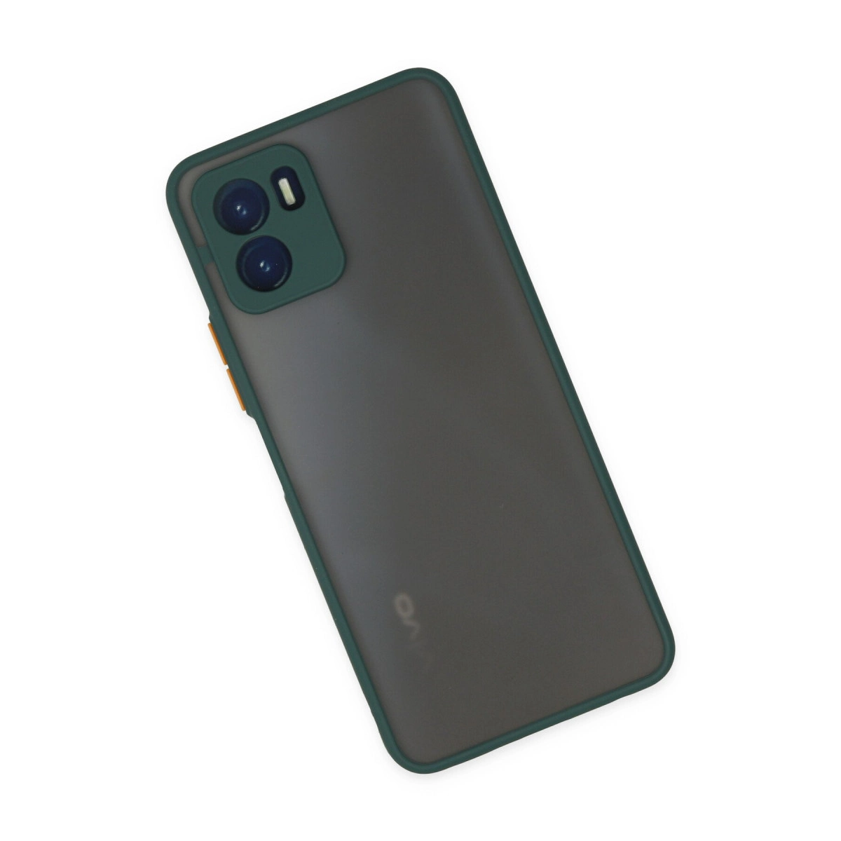 Yeşil çerçeveli ve kamera modüllü koyu gri telefon.
