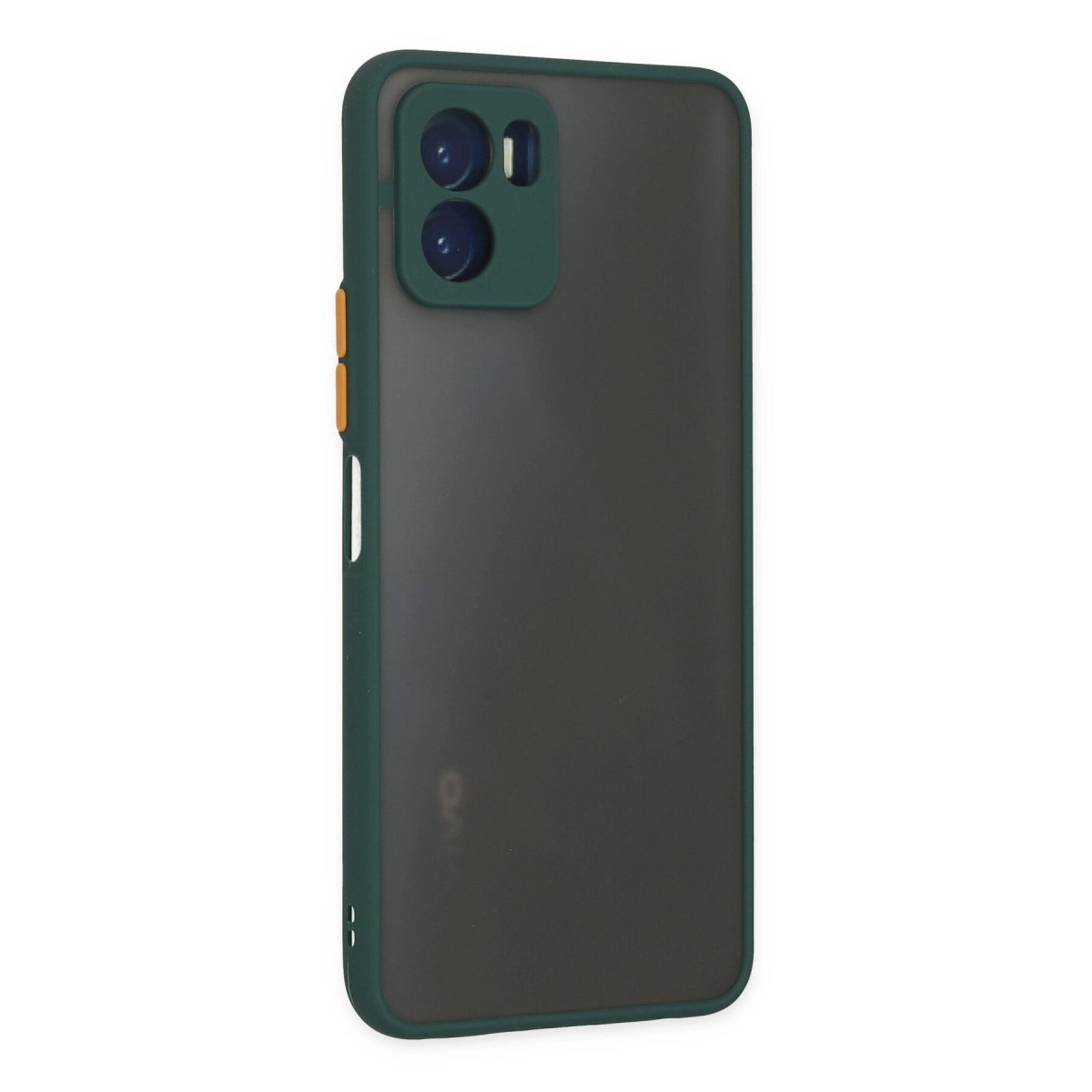 Kamera kesimli ve turuncu düğmeli koyu gri telefon kılıfı.