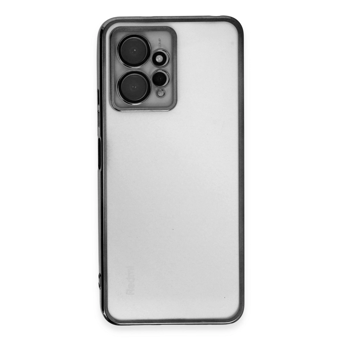 Dört kameralı ve Redmi logolu şeffaf telefon kılıfının arkası.