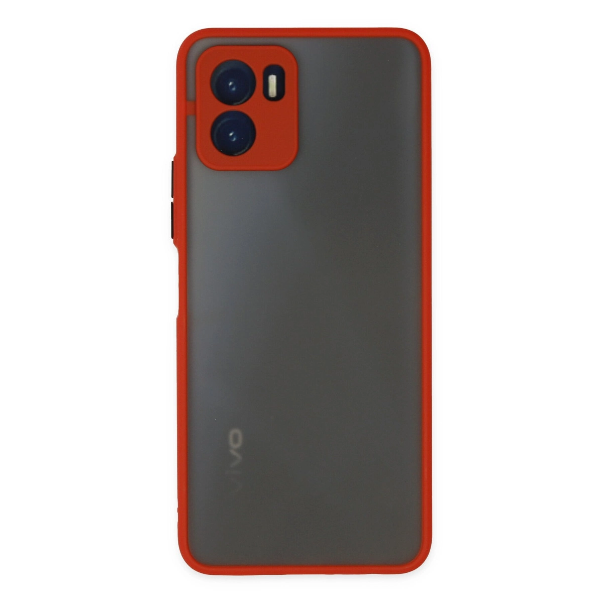 Kırmızı kenarlı ve kamera boşluklu gri telefon kılıfı.
