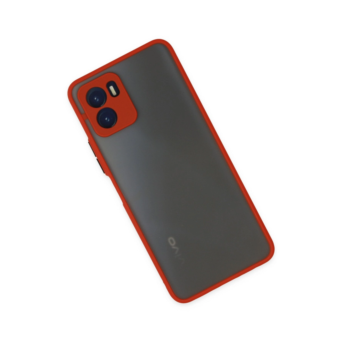 Kırmızı kenarlı ve kamera modülü hatlı koyu gri telefon kılıfı.