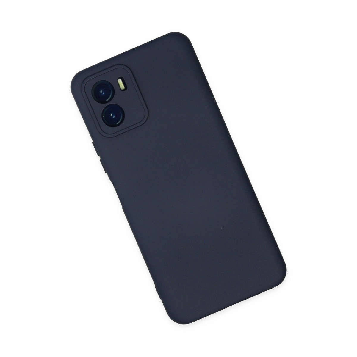 Beyaz arka plan üzerinde iki kamera lensi ve flaşlı lacivert telefon kılıfı.