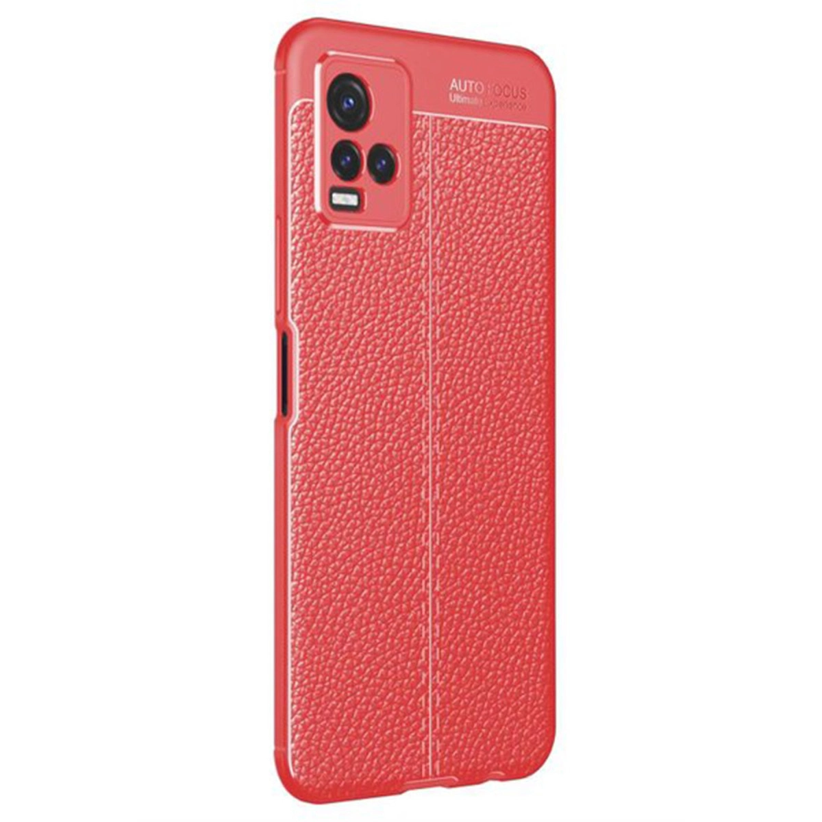 Deri dokulu kırmızı telefon kılıfı ve kamera kesiği.