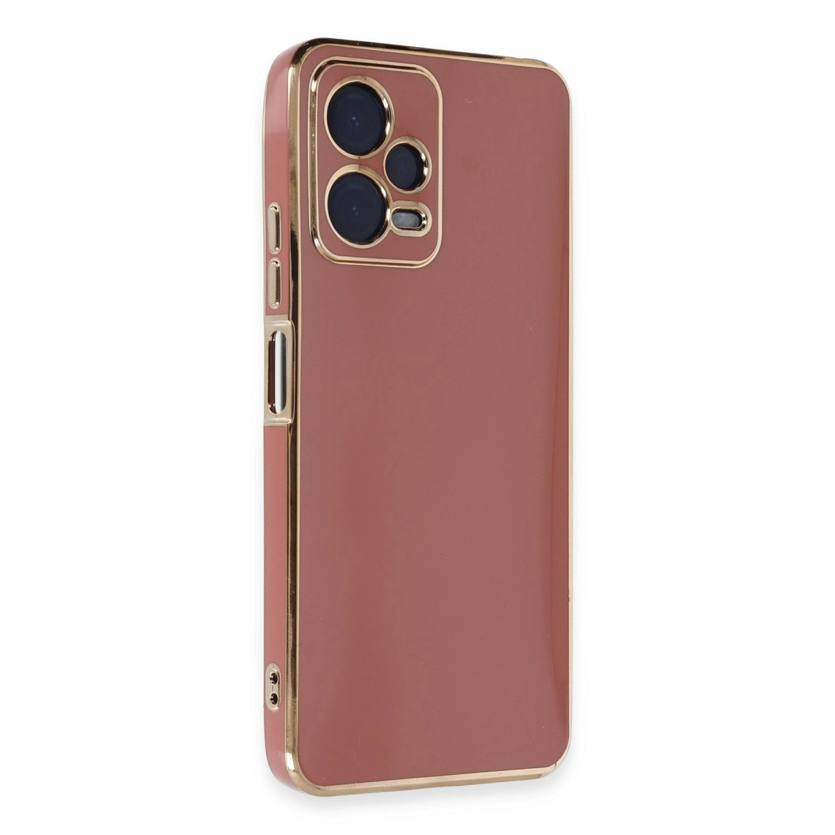 Altın vurgulara ve kamera lenslerine sahip pembe renkli telefon kılıfı.