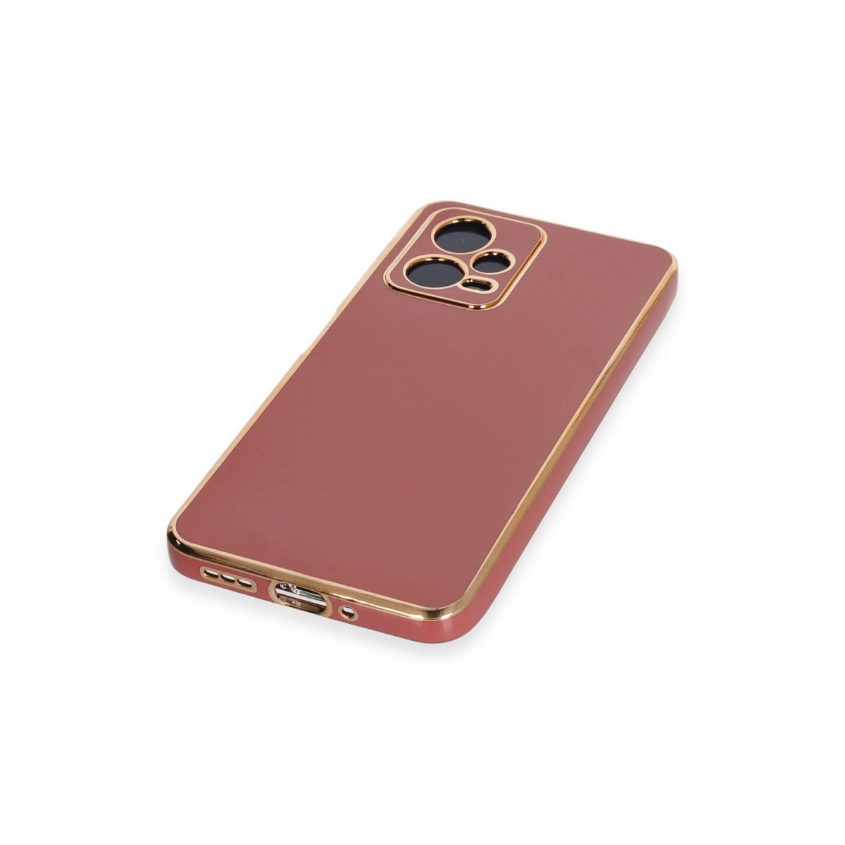 Altın kenarlı ve kamera kesimli, gül rengi telefon kılıfı.
