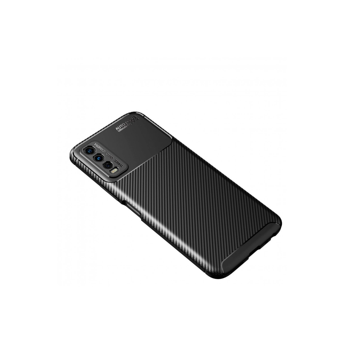 Karbon fiber dokulu, üç kameralı siyah telefon kılıfı.