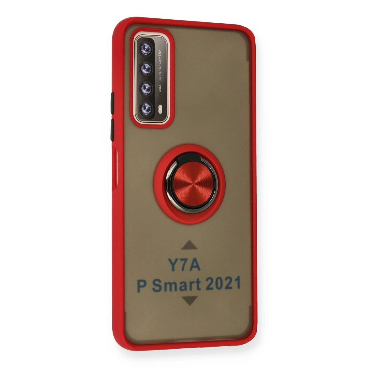 Dört kameralı, halka tutuculu kırmızı telefon kılıfı ve 'Y7A P Smart 2021' yazısı.