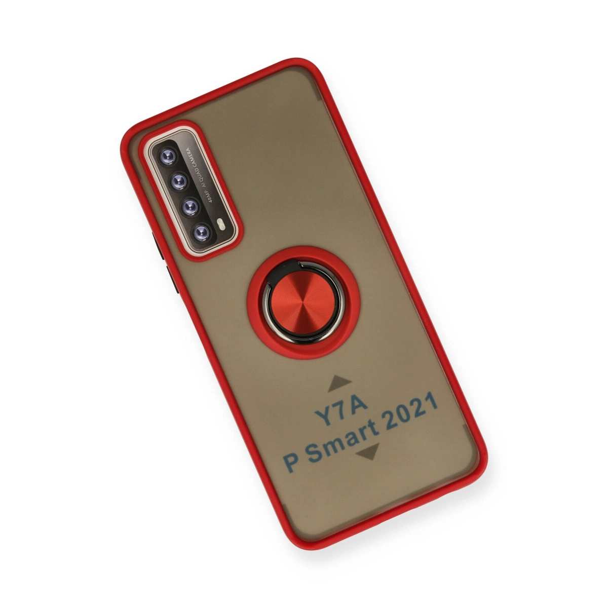 Kamera dizisi ve kırmızı halka tutuculu, kırmızı kenarlı telefon kılıfı.