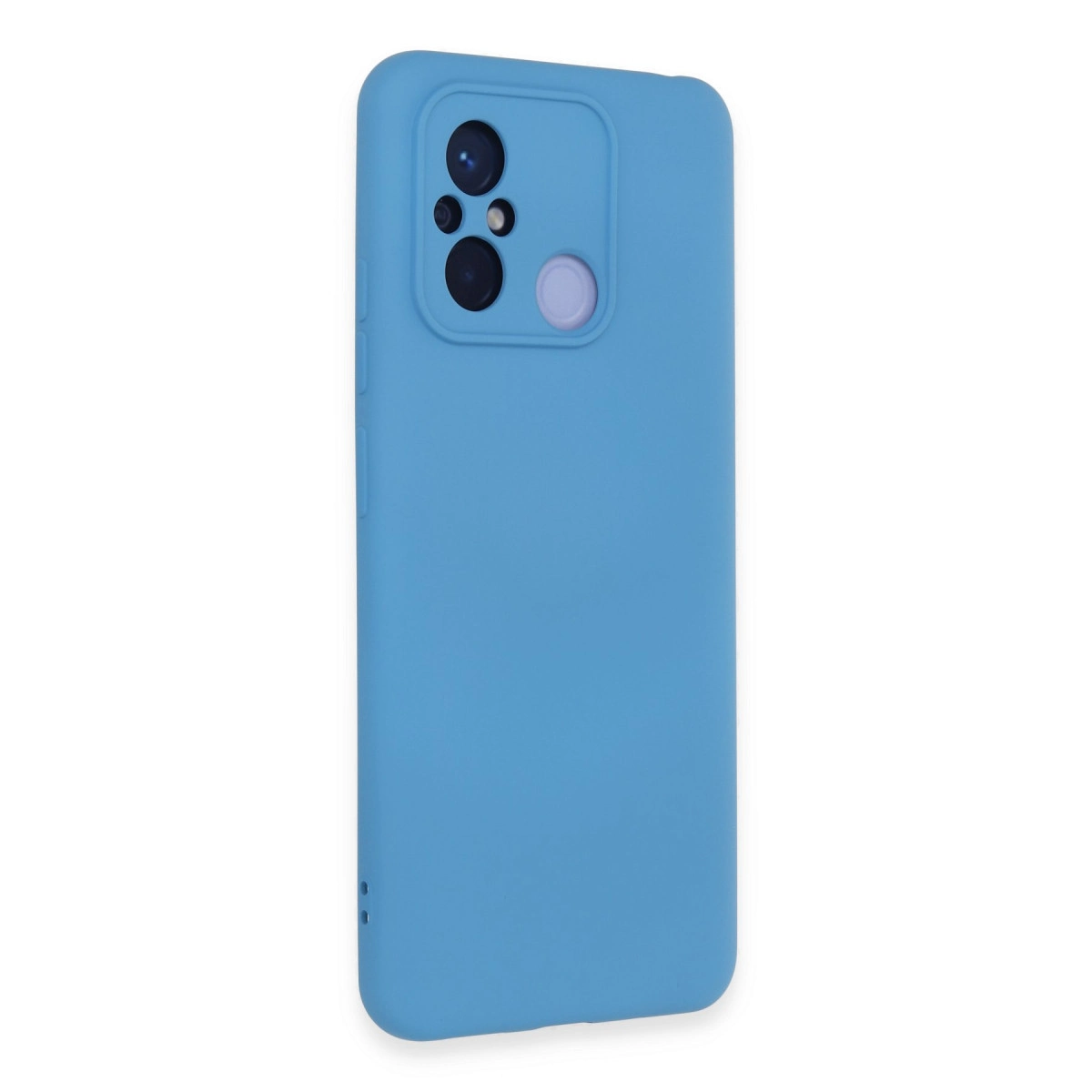 Kamera lens grubuna ve yuvarlak düğmeye sahip mavi telefon kılıfı.