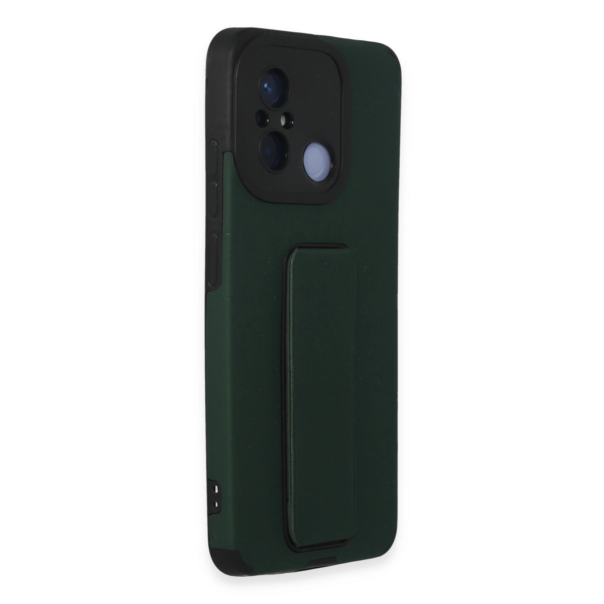 Entegre stantlı, siyah kamera yuvalı koyu yeşil telefon kılıfı.
