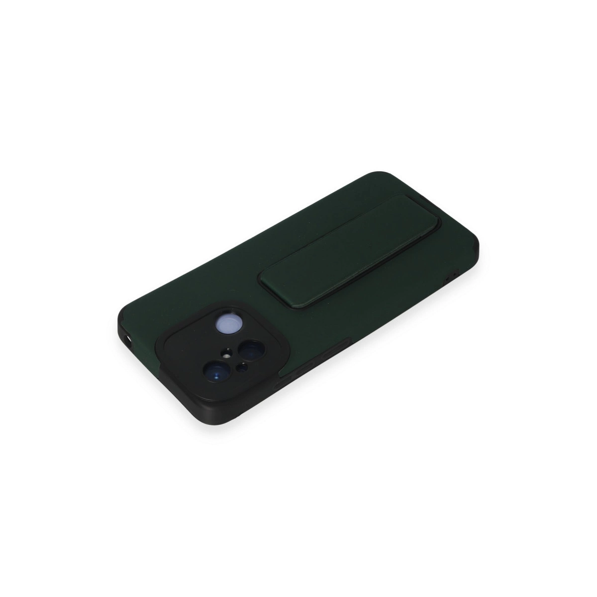 Entegre stantlı ve kamera modüllü koyu yeşil telefon kılıfı.