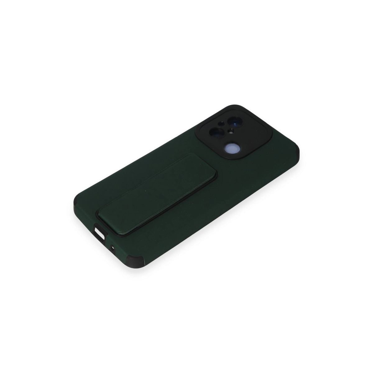 Entegre stantlı koyu yeşil telefon kılıfı, beyaz kamera kesimi.