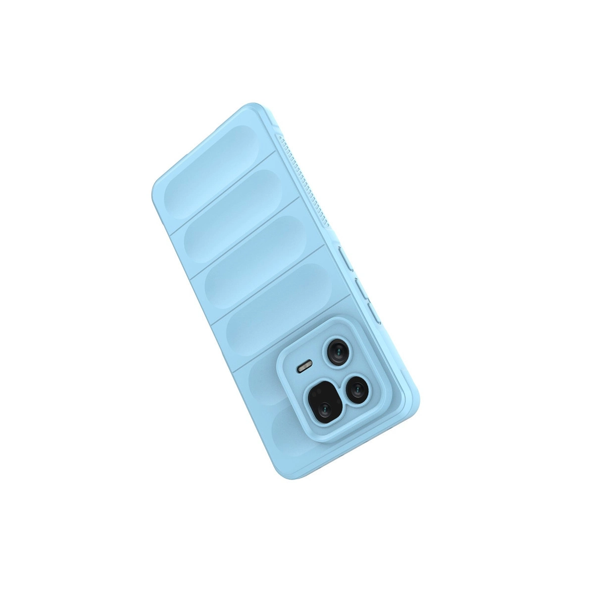 Beyaz arka plan üzerinde oluklu ve kamera modüllü açık mavi telefon kılıfı.