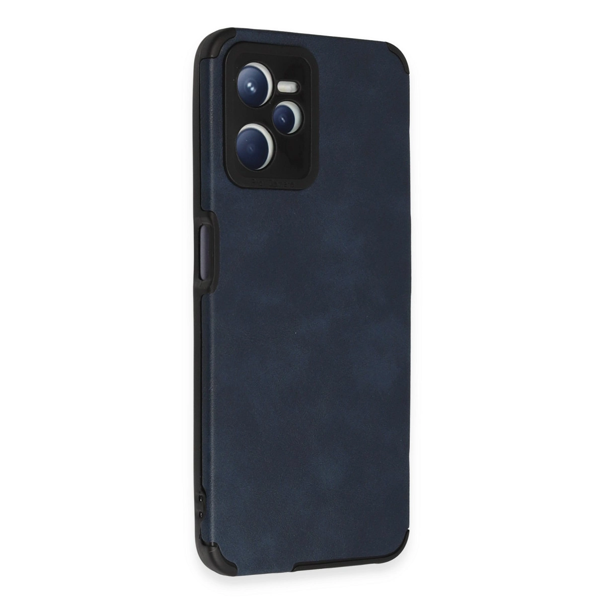 Üç kamera lensli, siyah kenarlı lacivert telefon kılıfı.