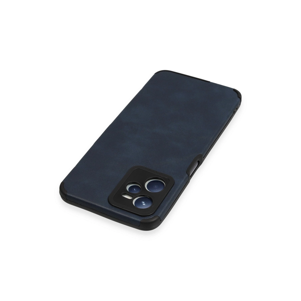 Üçlü kamera kesimli lacivert telefon kılıfı, beyaz zeminde.