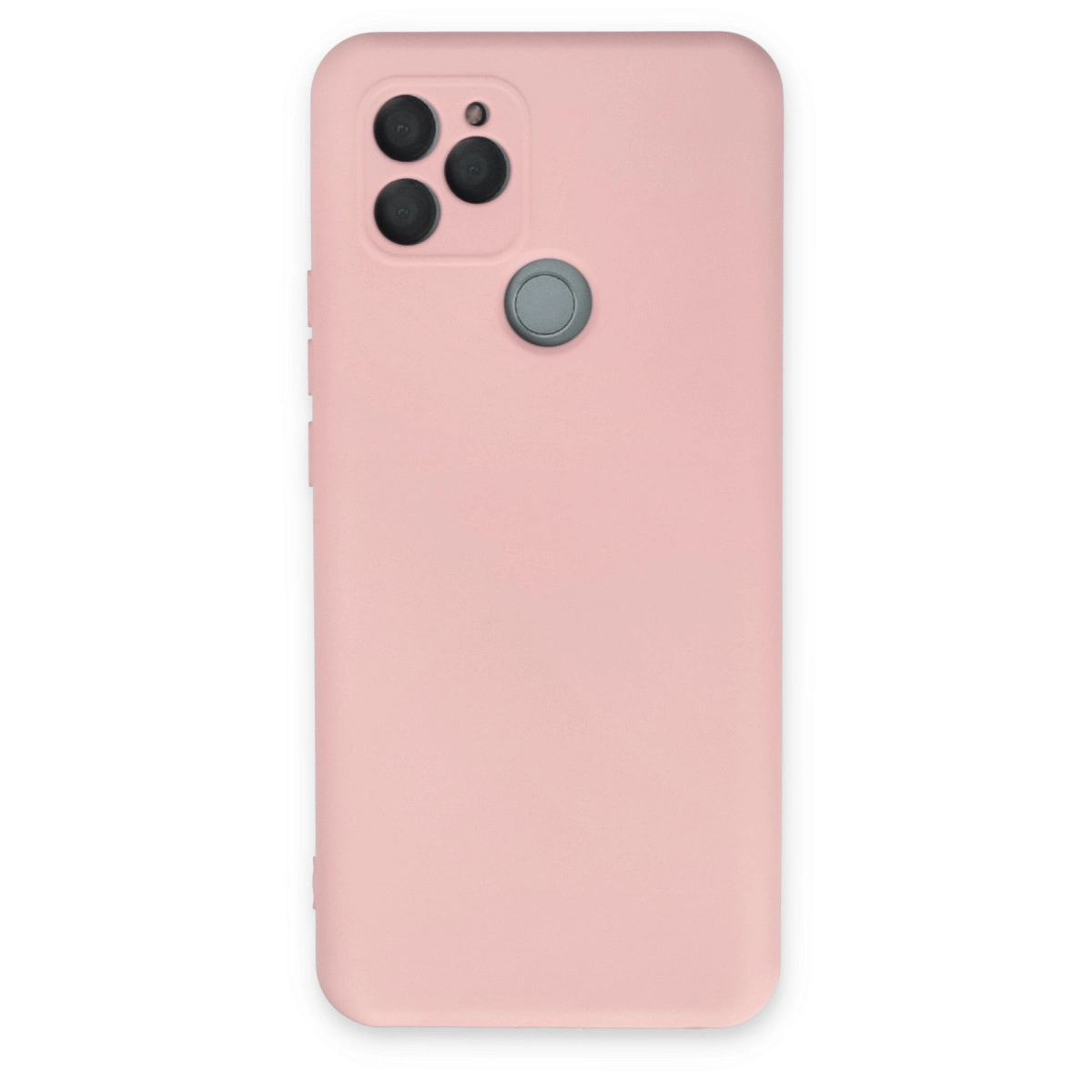 Kare kamera modülü düzeni ve yuvarlak parmak izi sensörüne sahip pembe telefon kılıfı.